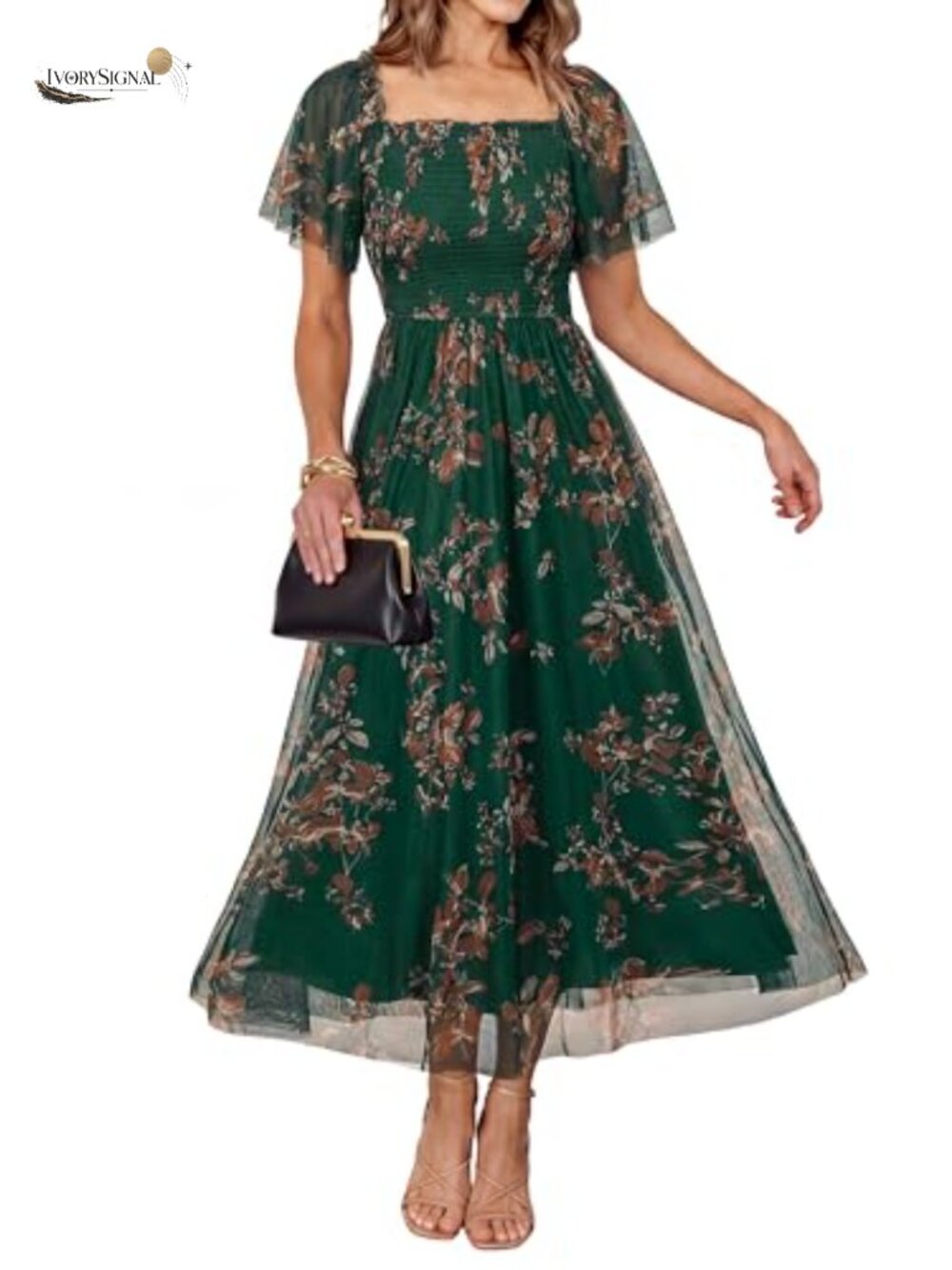 Womens Floral Mesh Maxi Dress Square Neck Short Sleeve Boho Wedding Guest